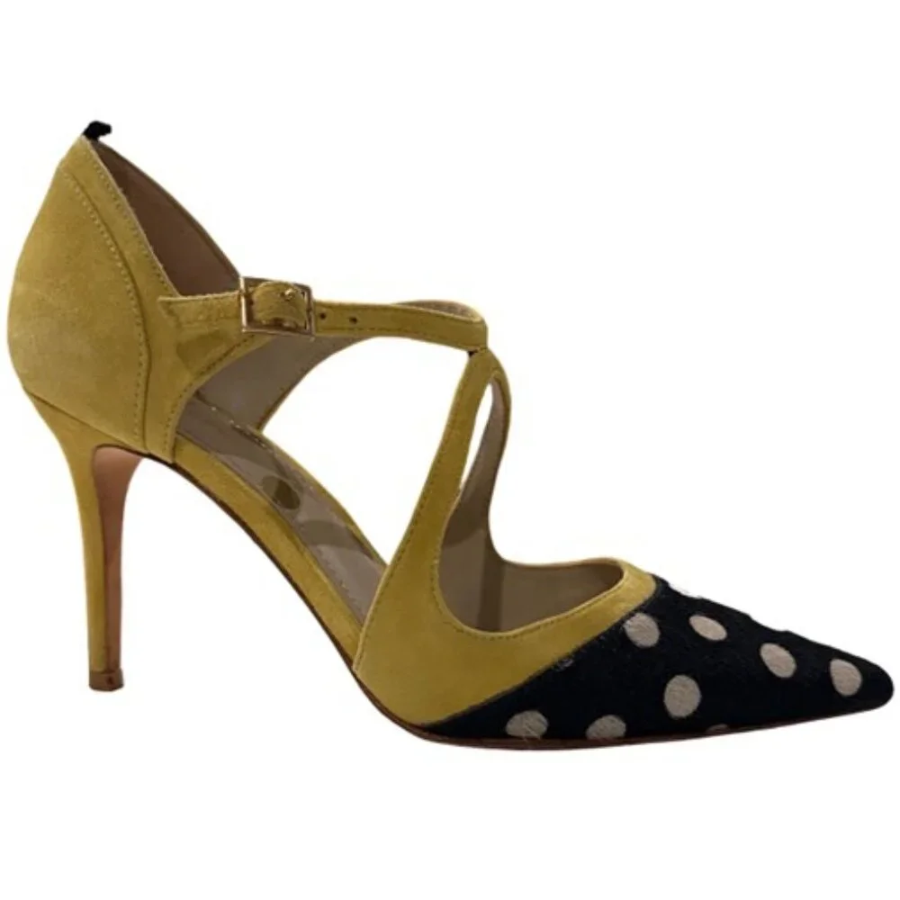 Boden Tisha Polka Dot Cow Hide and Yellow Suede Strappy Heels - Size 8.5 - Picture 2 of 16